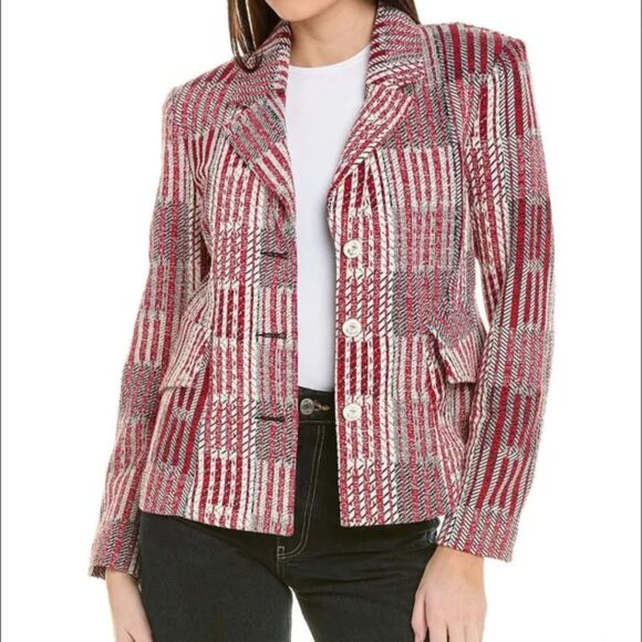 CAbi Striped Blazer Women's L Red White Coastal Nautical Anchor Buttons Office - Picture 1 of 9